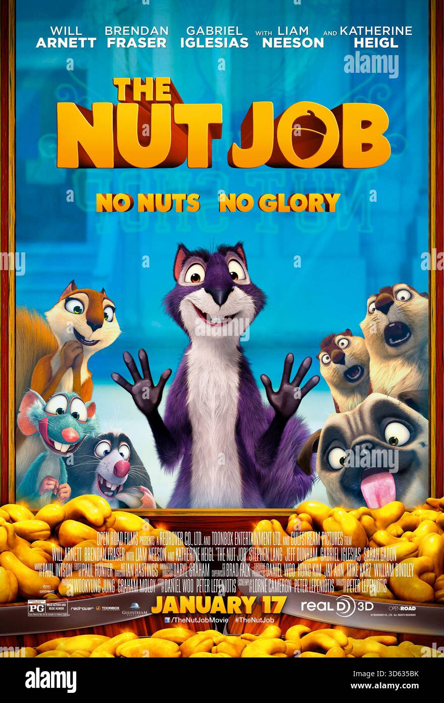 Nut Job (2014) diretto da Peter Lepeniotis e interpretato da Will Arnett, Brendan Fraser e Katherine Heigl. Uno scoiattolo malizioso pianifica un furto per rubare noci da un negozio e sopravvivere all'inverno, collaborando con altri animali per un'avventura selvaggia. USA SOLO PER USO EDITORIALE DI un foglio di poster. Credito: BFA / Film per strade aperte Foto Stock