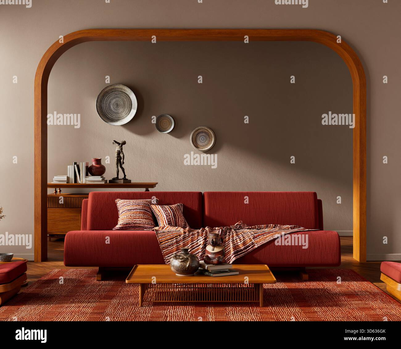 Un soggiorno moderno e tranquillo, organico, con elementi artigianali, tonalità calde, superfici testurizzate e accenti scultorei, che creano un ambiente coinvolgente, equilibrato e Foto Stock