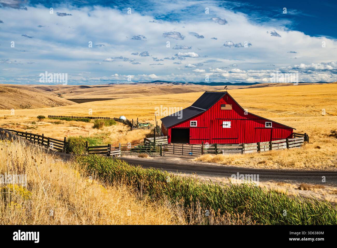 Barn at Anderson Ranch, est 1905, vicino a Ruggs e Heppner, Wasco Heppner Highway (autostrada 206), Columbia Plateau, Oregon, Stati Uniti Foto Stock