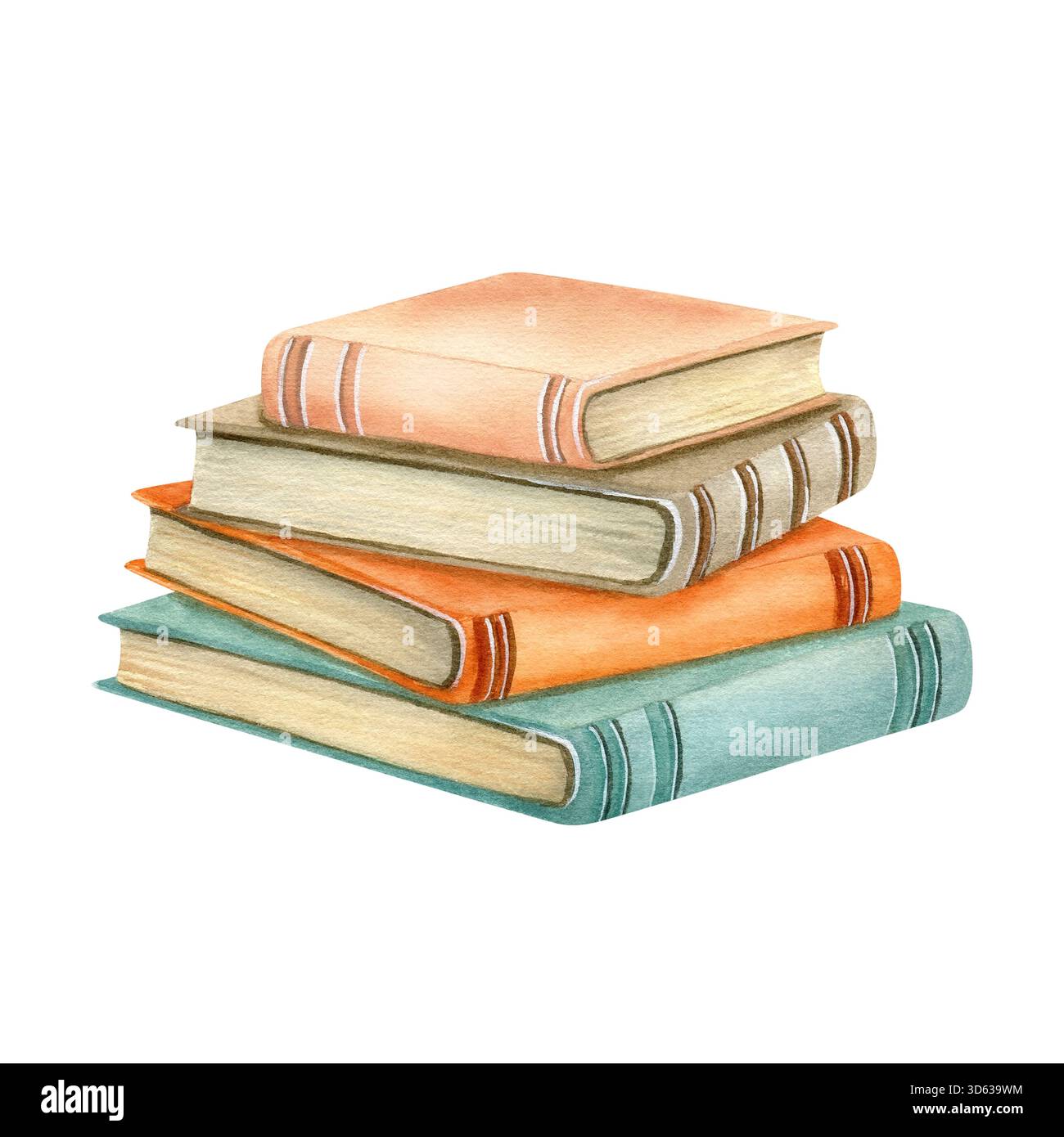 Pila di libri una vecchia copertina, pagine gialle. Set di letteratura, mucchio di libri di testo per l'istruzione. Bestseller di Encyclopedia. Illustrazione acquerello nella Foto Stock