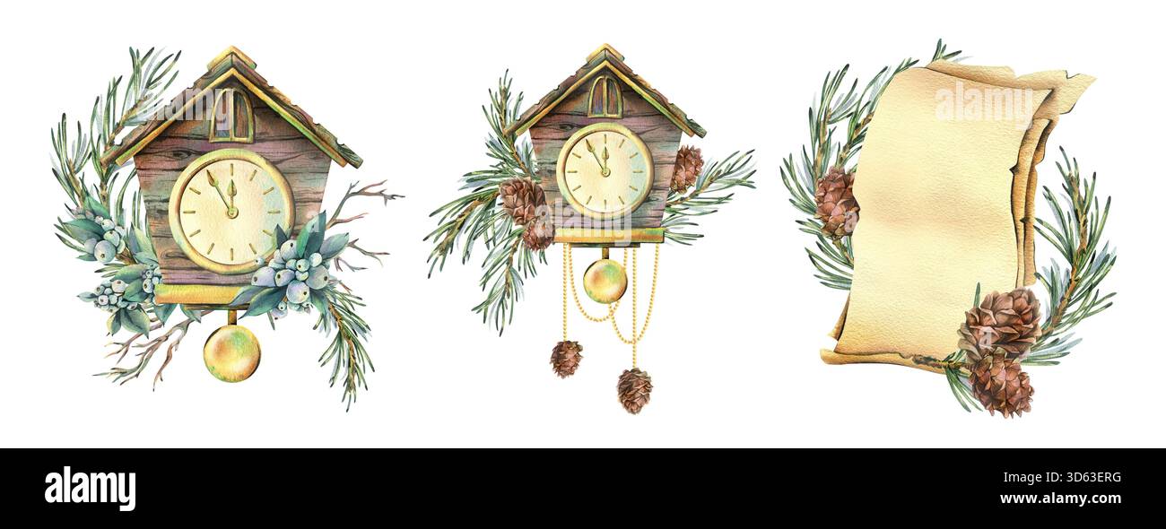 Pendolo retrò e orologio a cucù decorato con rami di pino e dama con un foglio di papiro per scrivere. Illustrazione ad acquerello disegnata a mano. A. Foto Stock