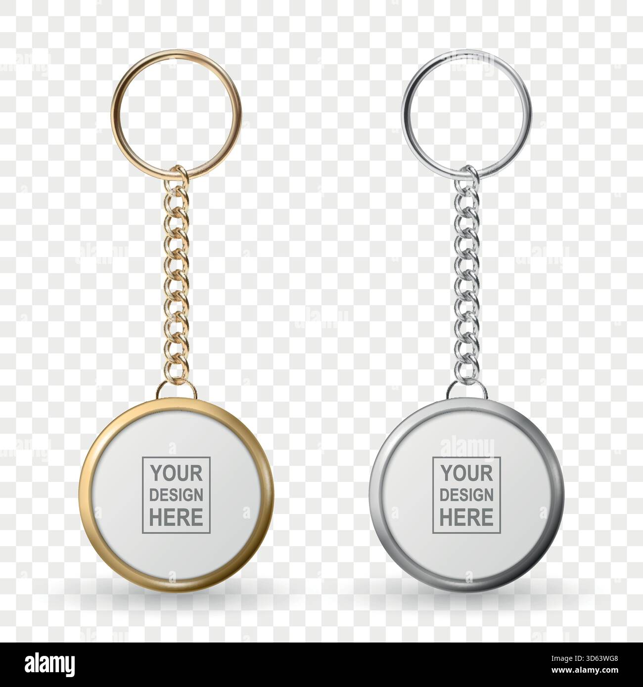 Set Vector 3d realistico Metal Keychain Mockup in oro e argento. Portachiavi rotondo in metallo vuoto per Branding, design souvenir, modello logo, regalo Illustrazione Vettoriale