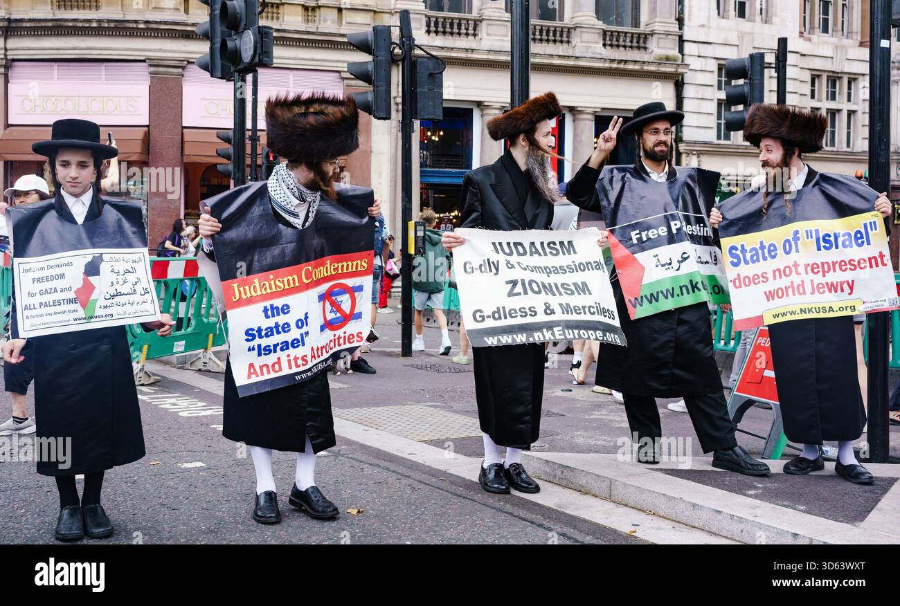 Ebrei ortodossi a sostegno di Gaza; manifesto che evidenzia la differenza tra ebraismo e sionismo. Protesta contro le atrocità compiute da Israele Foto Stock