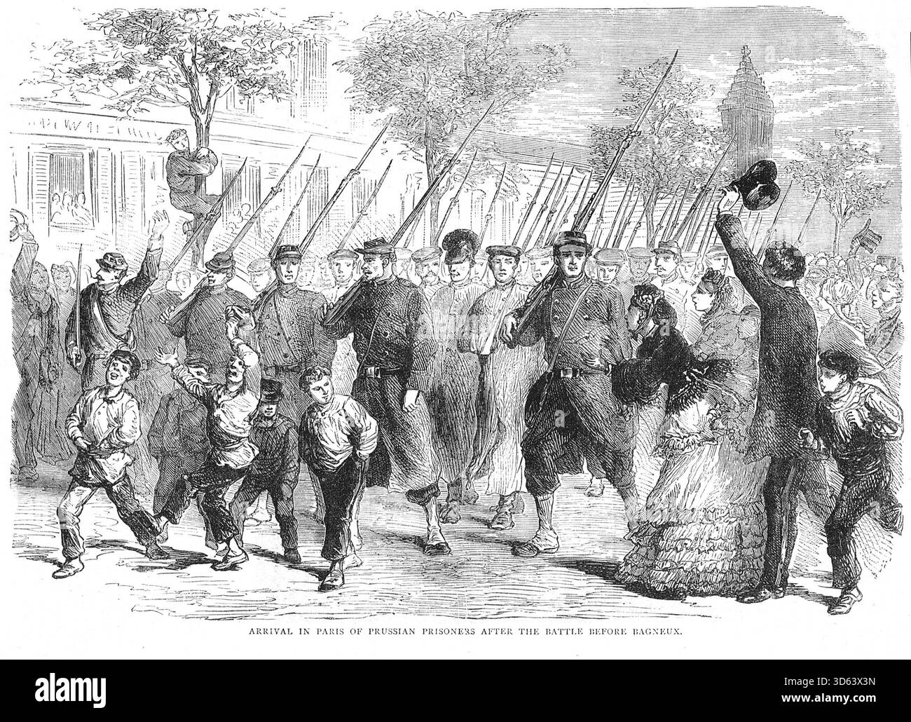 Arrivo a Parigi dei prigionieri prussiani, dopo la battaglia di Bagneux, durante la guerra franco-prussiana. La battaglia di Châtillon, nota anche come battaglia di Châtillon-sous-Bagneux, ebbe luogo il 13 ottobre 1870. Foto Stock