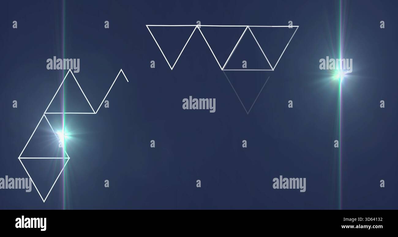 Visualizzazione di un gruppo triangolare bianco a reticolo vicino al terzo superiore su gradiente blu, con sequenze di stelle ciano Foto Stock