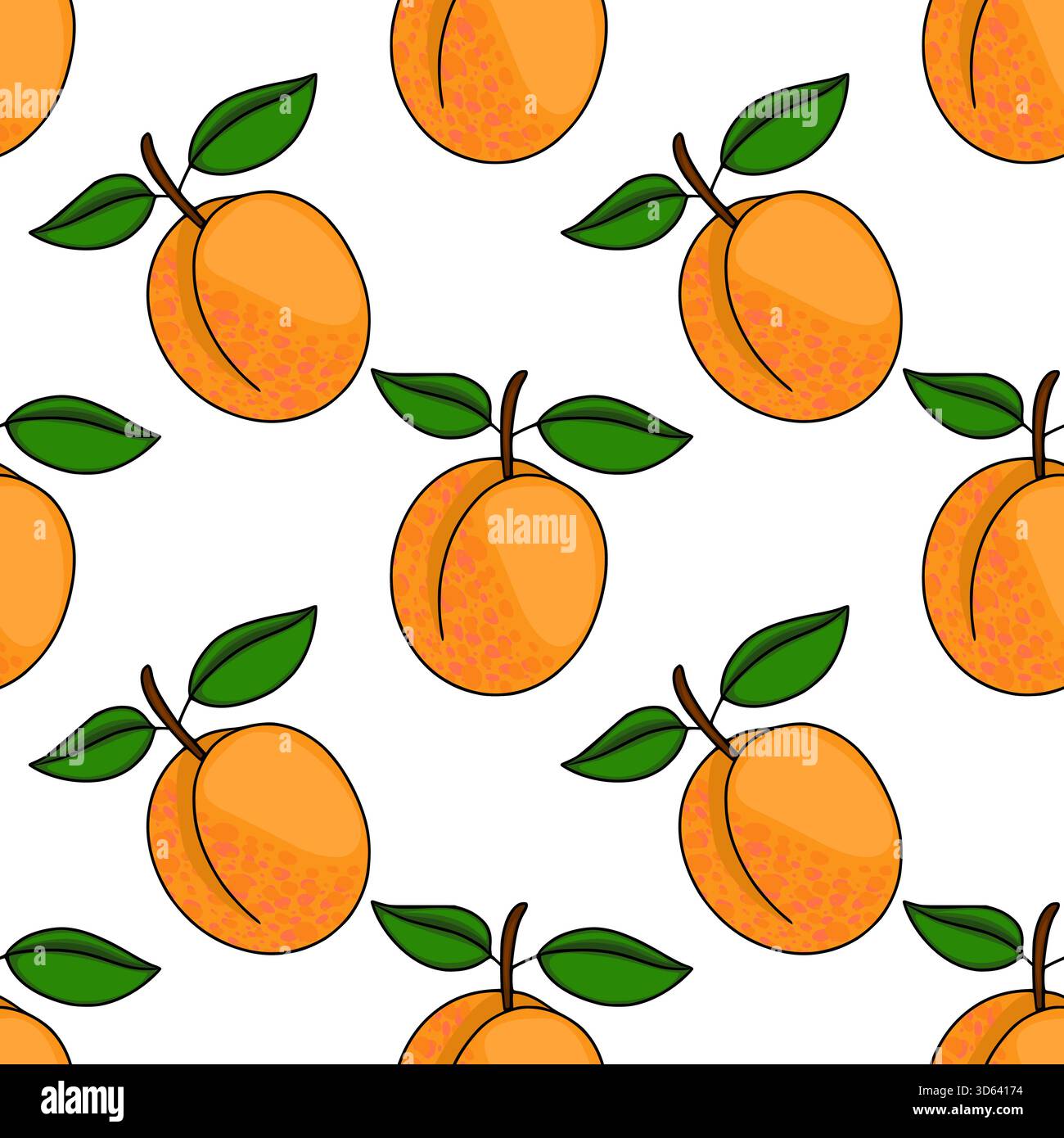 Motivo vettoriale senza cuciture di albicocche arancioni vivaci con foglie verdi su uno sfondo bianco pulito, caratterizzato da un'estetica affascinante e disegnata a mano. Illustrazione Vettoriale