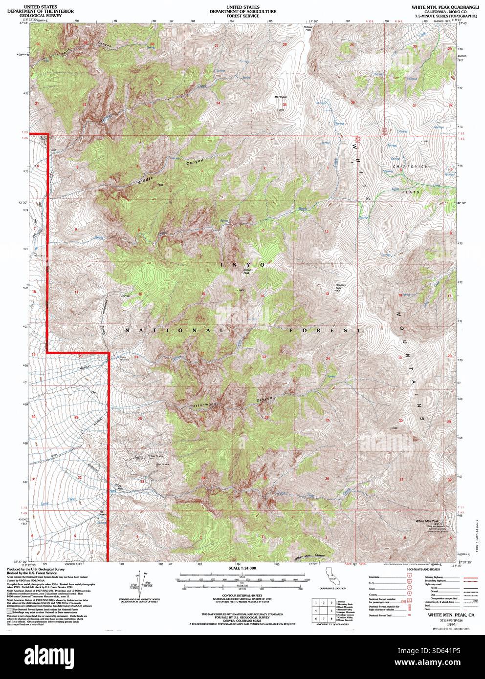 Mappa topografica della California 37.625N 118.250W – USGS Historical Sheet, Eastern Sierra Nevada Terrain, Elevation Contours, Vintage Survey Map Foto Stock