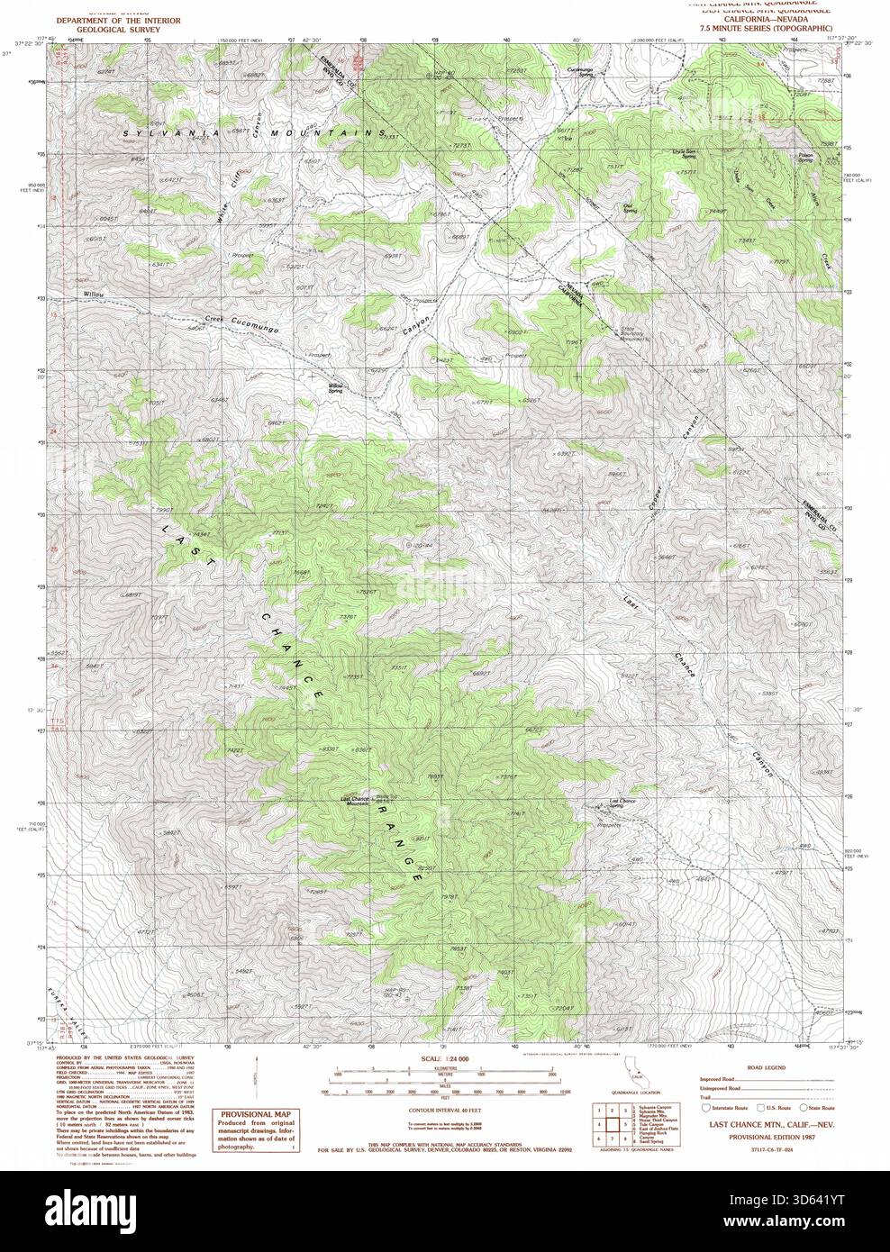 USGS DRG Mappa topografica della California 37.250N 117.625W (1987) – Last Chance Mountain, Eastern Sierra Nevada Terrain, Elevation Contours Foto Stock