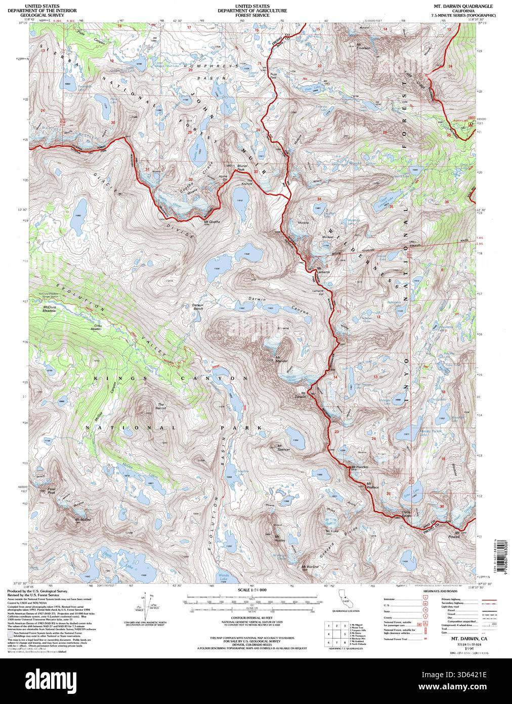 USGS DRG Mappa topografica della California 37.125N 118.625W (1994) – Monte Darwin, terreno della Sierra Nevada orientale, profili di elevazione, Foglio d'indagine d'epoca Foto Stock
