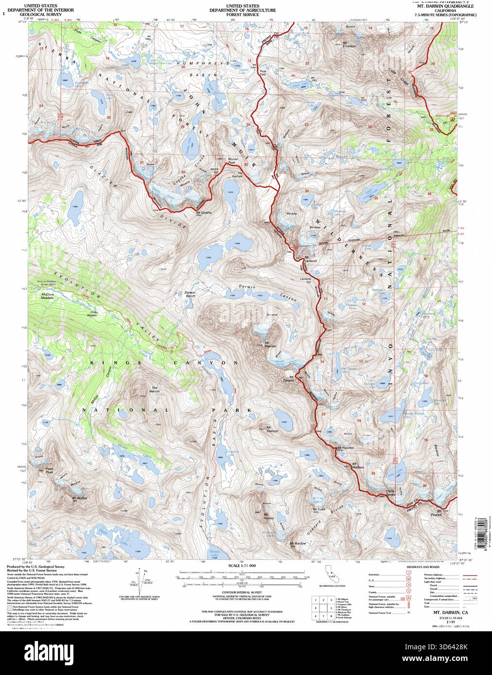 Mappa topografica della California 37.125N 118.625W – USGS Historical Sheet, Eastern Sierra Nevada Terrain, Elevation Contours, Vintage Survey Map Foto Stock