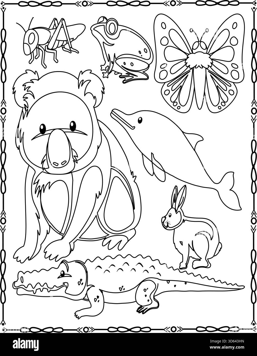 Pagina da colorare carini animali misti per bambini e adulti. Koala, delfino, rana, farfalla e molto altro ancora. Illustrazione Vettoriale