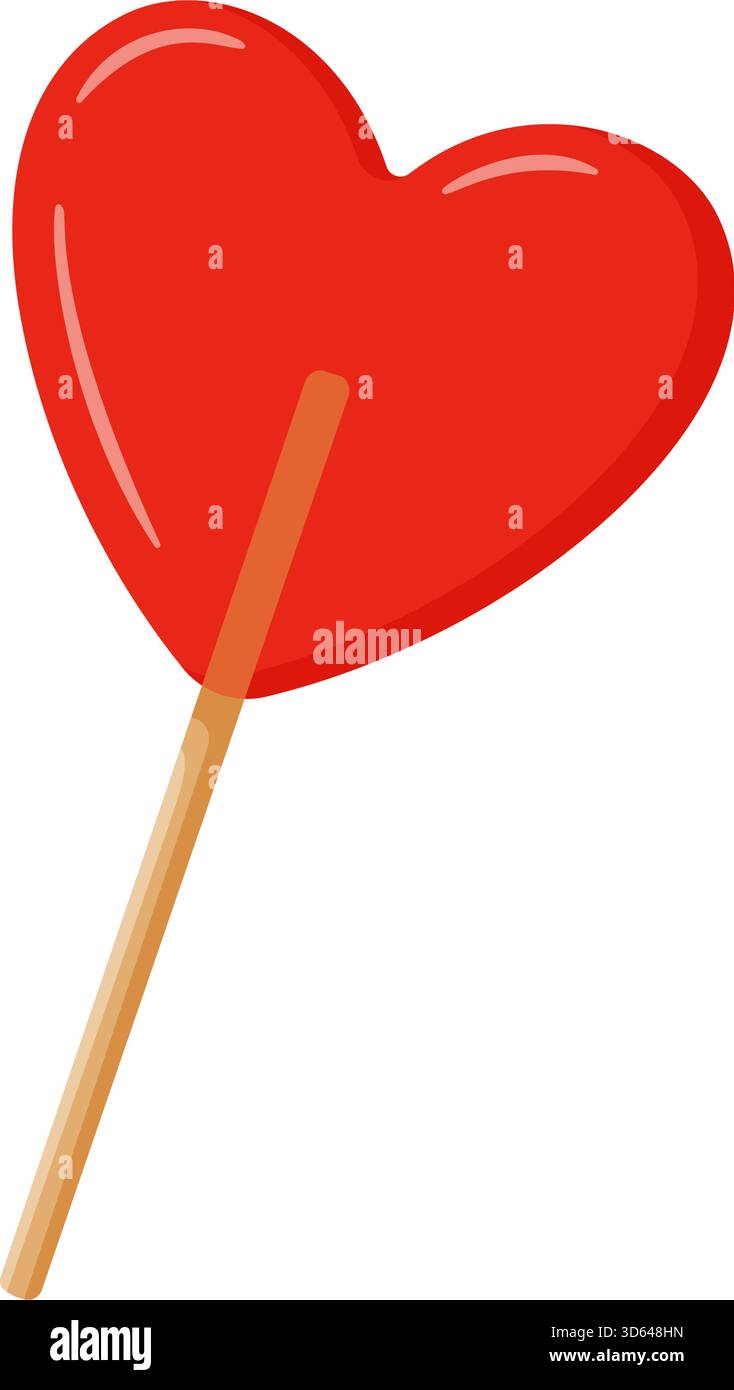 rosso a forma di lecca lecca su un bastoncino di legno. Illustrazione vettoriale colorata e piatta. Ideale per San Valentino, feste, dolci design, temi d'amore e romanticismo e per bambini Illustrazione Vettoriale