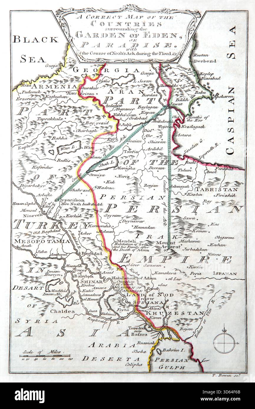 Una mappa dei paesi che circondano il Giardino dell'Eden o Paradiso con il corso dell'Arca di Noè durante l'alluvione dall'Antico XVIII secolo The Genuine Foto Stock