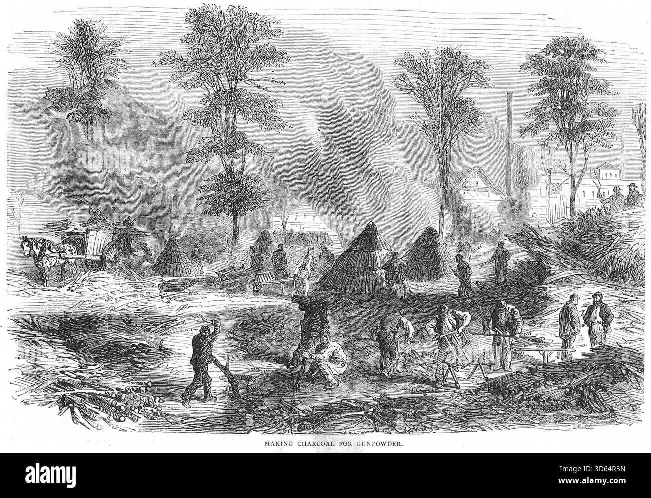Produzione di carbone per polvere da sparo durante la guerra franco-prussiana. Foto Stock