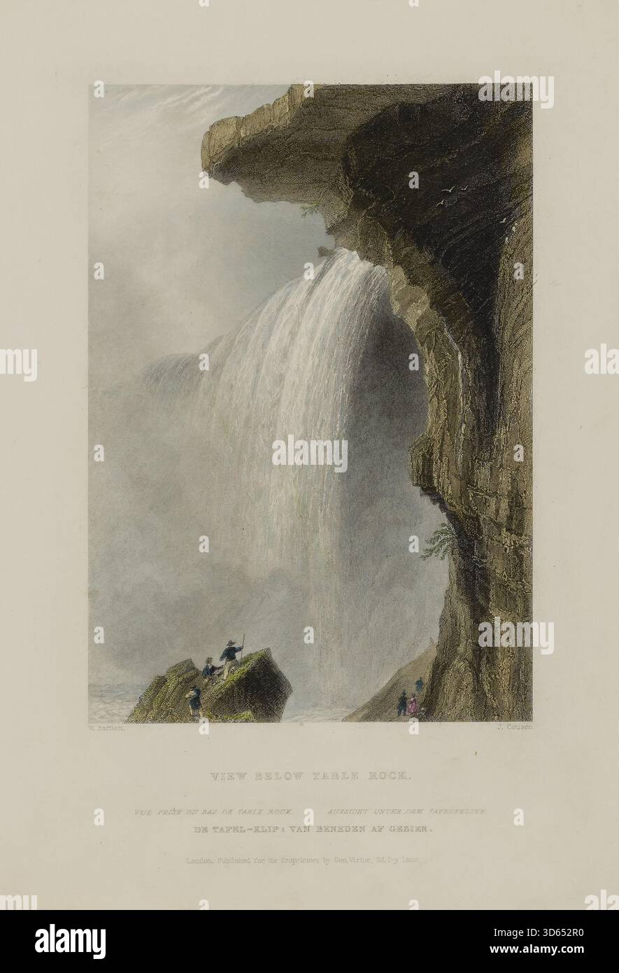 Illustrazioni storiche che mostrano una vista panoramica sotto Table Rock con cascata e visitatori che osservano il paesaggio, creato da J. e Bartlett Cousen Foto Stock
