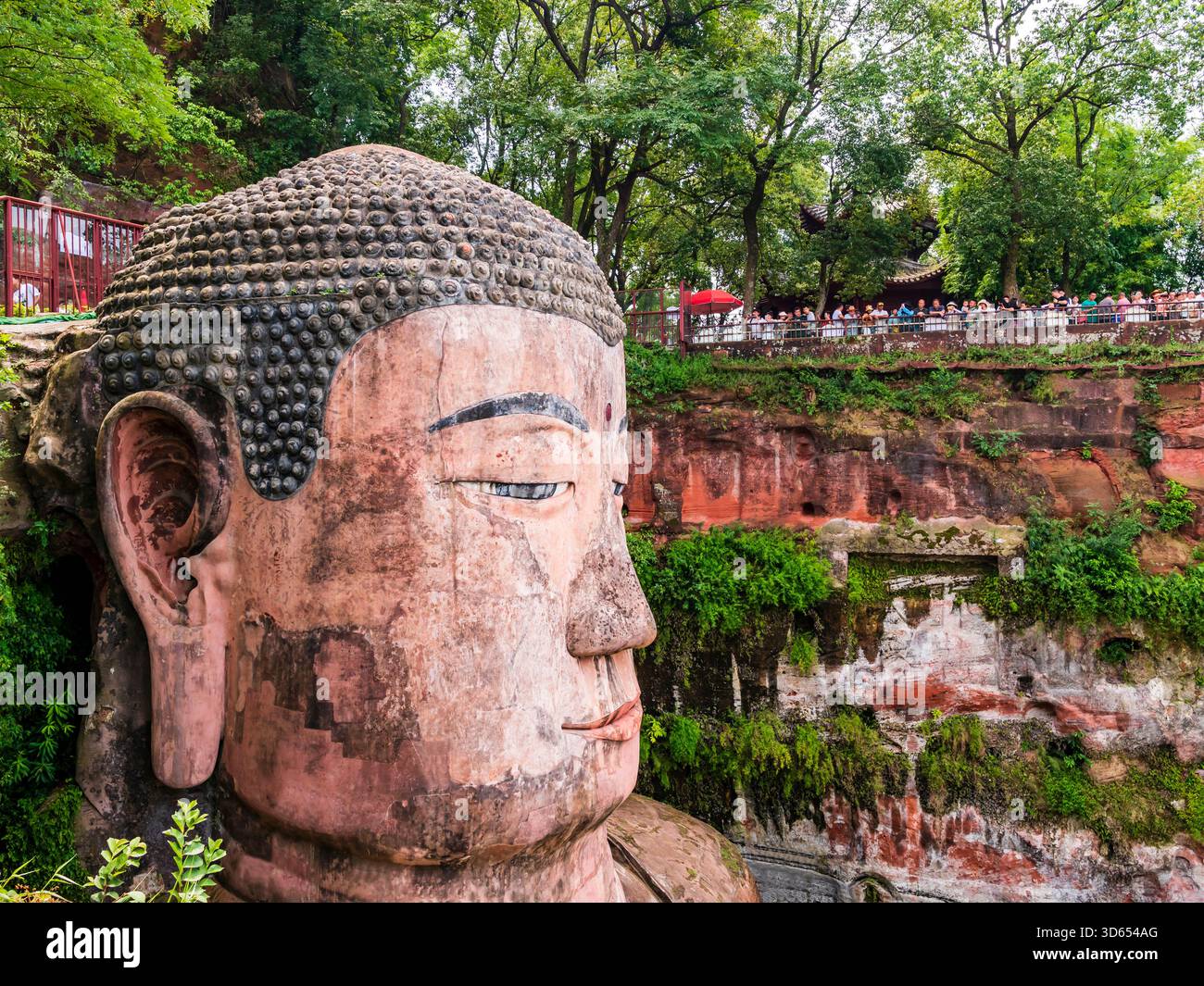 Impressionante vista del Buddha gigante di Leshan, scolpito direttamente nella parete della scogliera alla confluenza dei fiumi min, Dadu e Qingyi, Sichuan, Cina Foto Stock