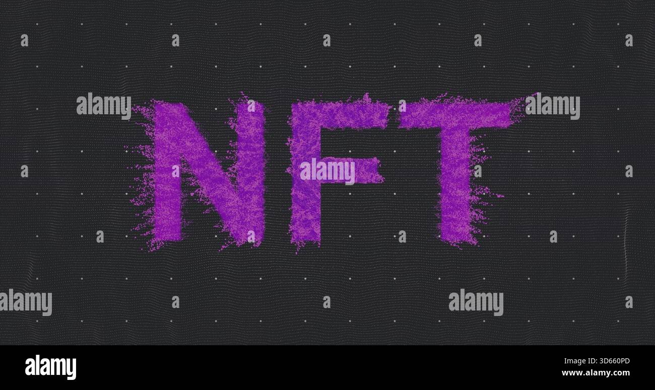 Visualizzazione di lettere NFT viola in grassetto che diffondono frammenti di particelle su tela digitale scura, griglia tratteggiata Foto Stock