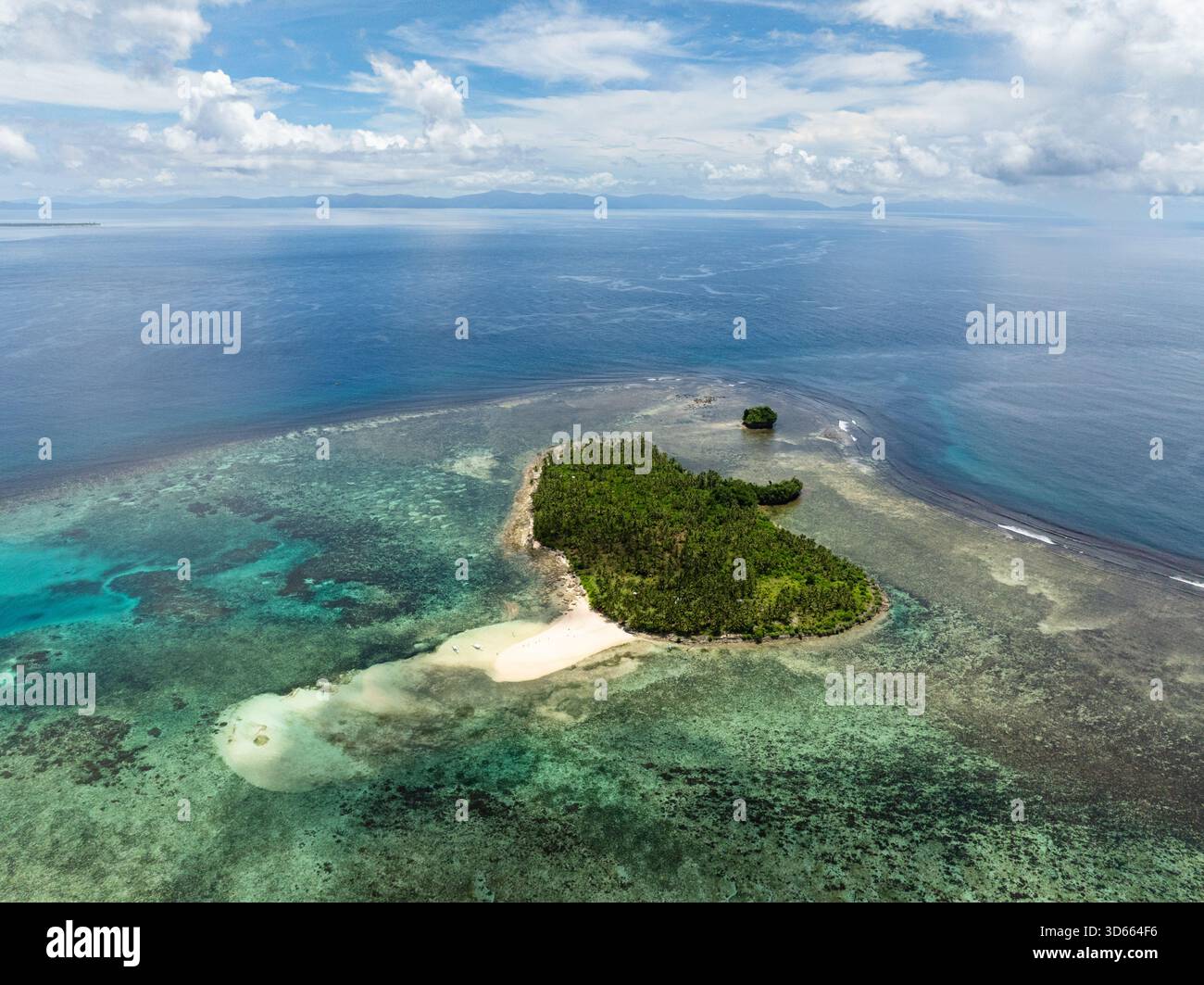 Isola tropicale con una spiaggia di sabbia bianca circondata da acque turchesi e barriera corallina in mare aperto. Siargao, Filippine. Isola di Kawhagan. Foto Stock