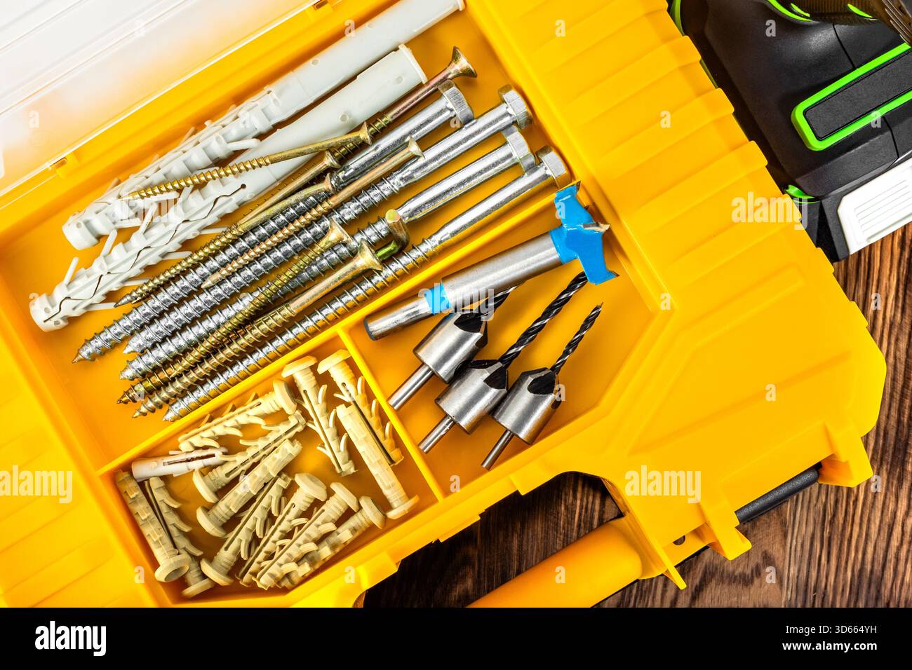 Foto dell'organiser di viti e punte in plastica che poggia su una superficie del tavolo in legno. Foto Stock