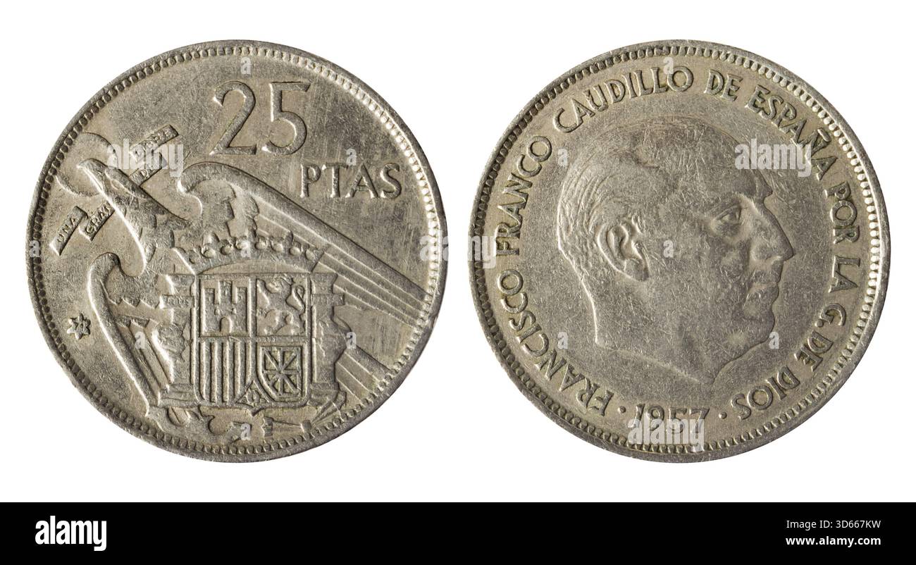 Foto isolata di 25 pta Spagna 1957 Francisco Franco Caudillo moneta dritto e rovescio su sfondo bianco. Foto Stock