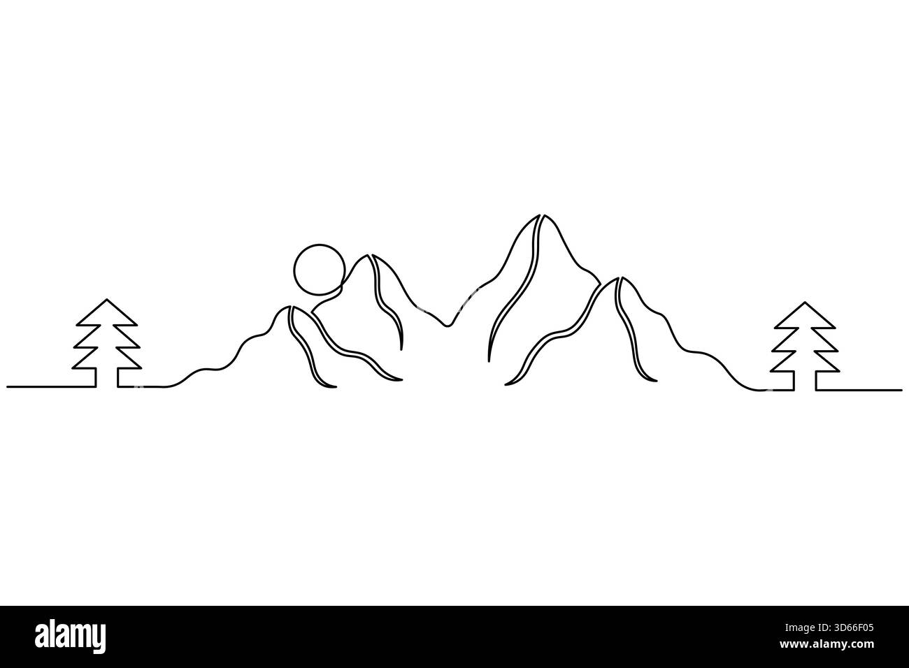 Paesaggio montano minimalista arte su una linea semplice disegno naturalistico. Illustrazione vettoriale Illustrazione Vettoriale