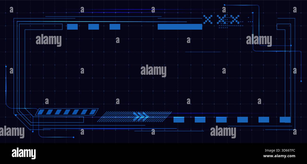 Design tecnologico dell'interfaccia utente del telaio HUD per l'interfaccia di gioco cyberpunk. Schermo futuristico con elementi digitali e bordi olografici. Display con tecnologia moderna per giochi fantascientifici, applicazioni VR e spazio. Illustrazione Vettoriale