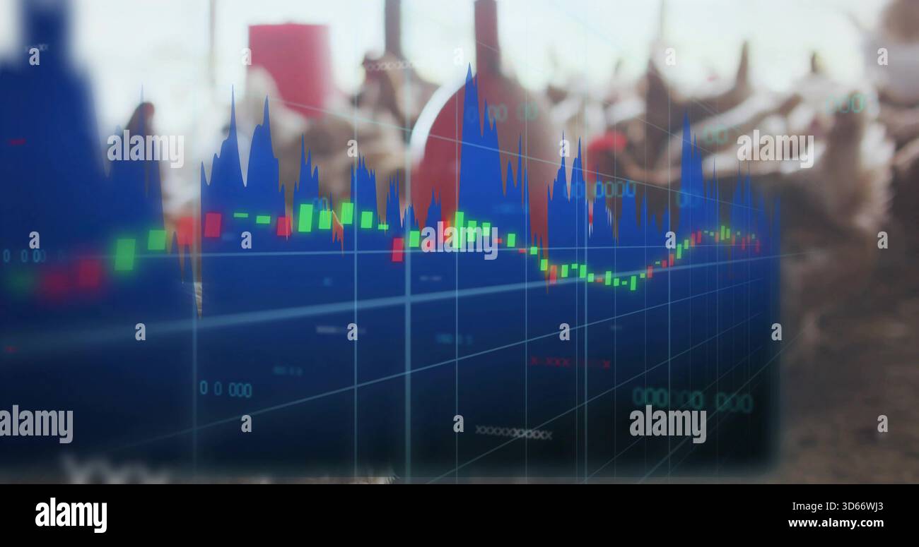 Sovrapponendo il grafico del mercato che domina la folla della piazza, mostrando le candele verdi rosse le griglie blu della zona Foto Stock