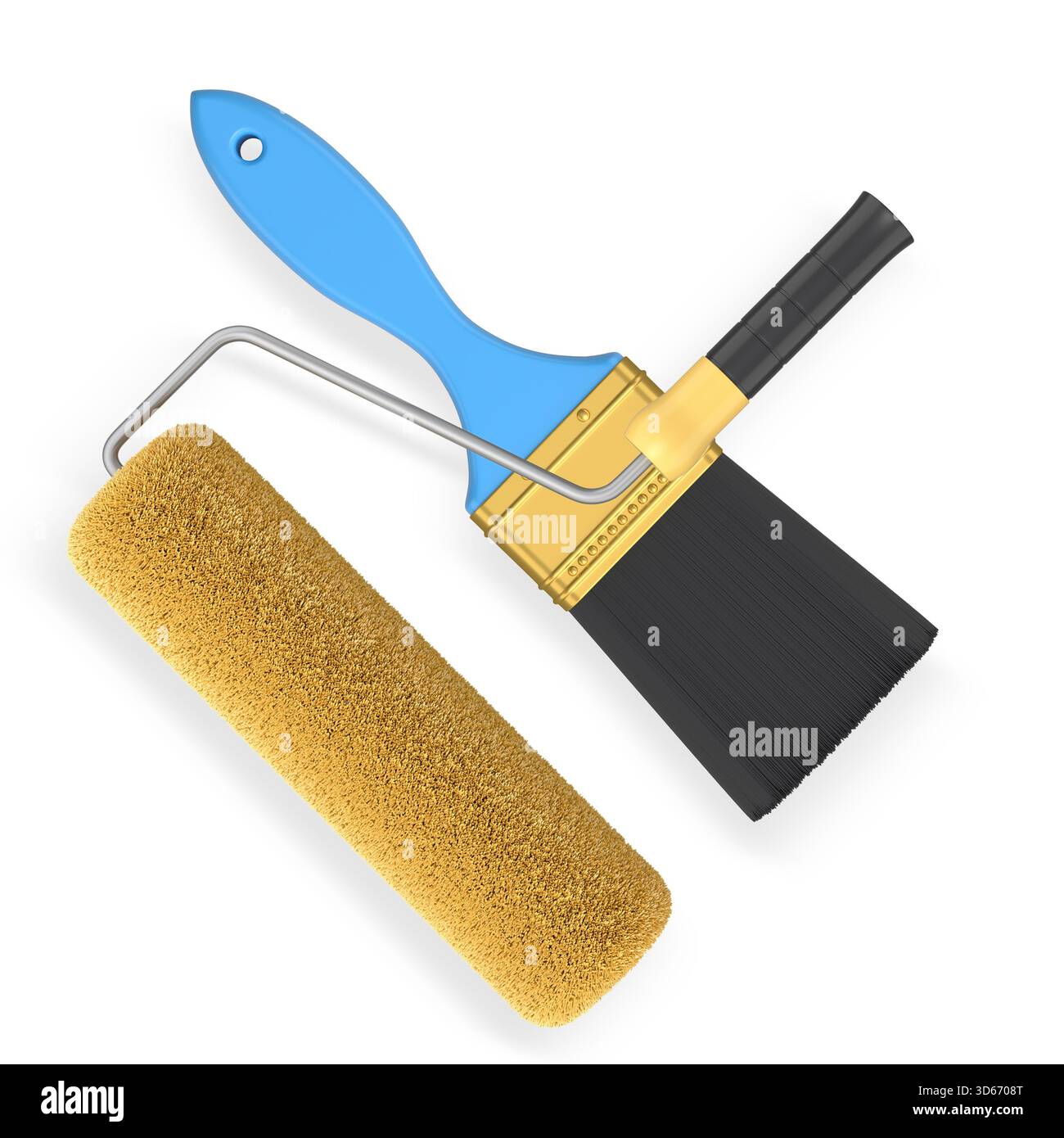 Rullo per pittura e pennello a setole nere con manici isolati su sfondo bianco con percorso di ritaglio, che rappresenta strumenti di pittura e ristrutturazione Foto Stock