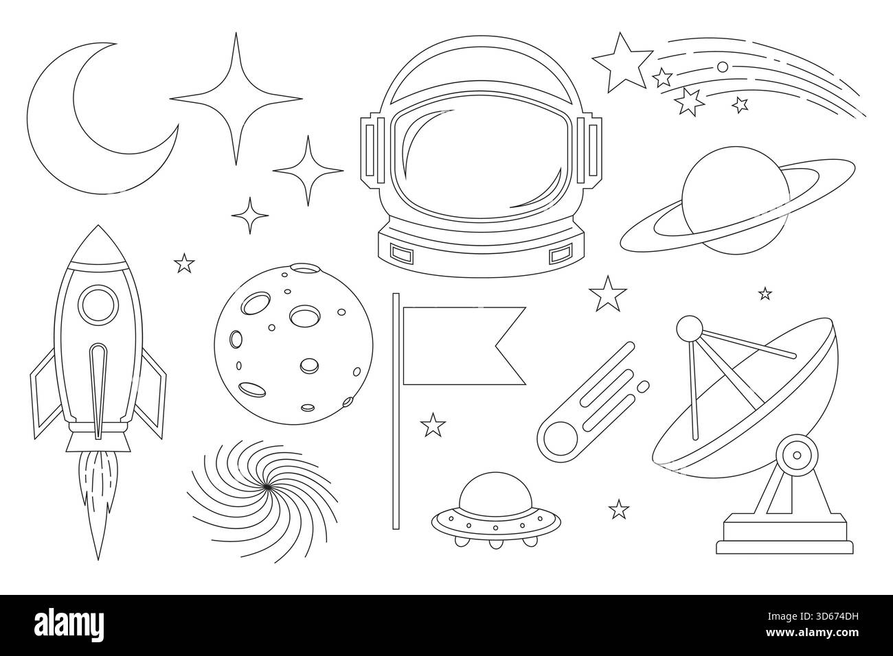 Delineare illustrazioni di vari elementi cosmici, tra cui pianeti, stelle, razzi e un casco da astronauta perfetto per colorare libri o educativi Illustrazione Vettoriale