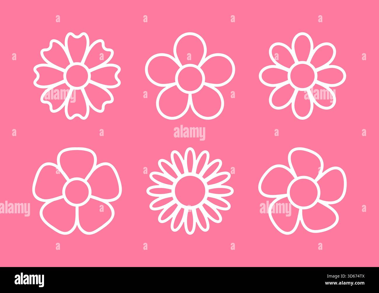 Graziose icone floreali con contorno su sfondo rosa. Illustrazione vettoriale Illustrazione Vettoriale