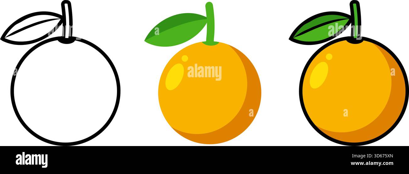 I contorni della frutta sana e arancia danno vita a icone colorate su sfondo bianco. Illustrazione vettoriale Illustrazione Vettoriale