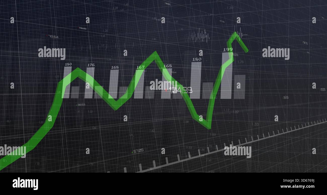 Visualizzazione di un grafico a linee in stile 3D verde che si innalza su dashboard finanziario scuro, barre ed etichette grigie Foto Stock