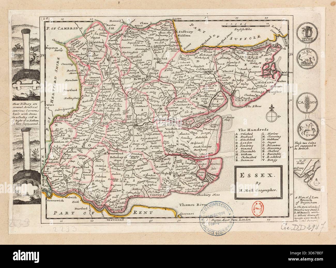 Mappa dell'Essex di Herman Moll (1654–1732), venduta separatamente e come parte del suo set di Fifty New and Correct Maps of England and Wales. Intorno al 1724 Foto Stock