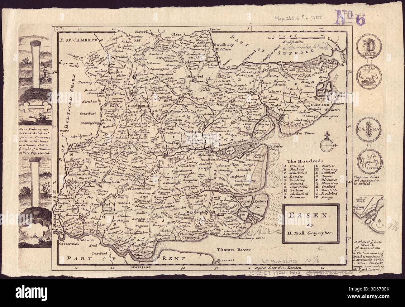 Mappa dell'Essex di Herman Moll (1654–1732), venduta separatamente e come parte del suo set di Fifty New and Correct Maps of England and Wales. Illustrazioni ai margini degli artefatti locali. Intorno al 1724 Foto Stock