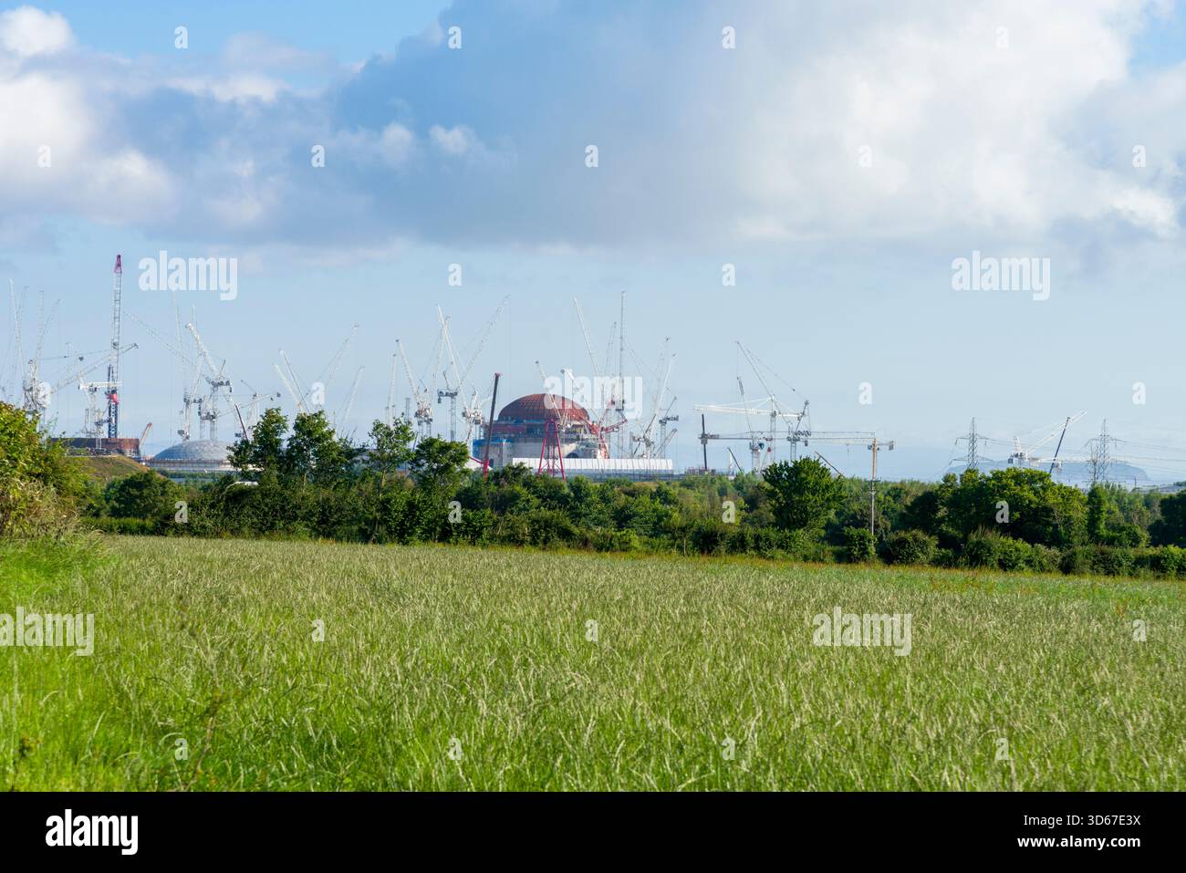 Gru a torre presso il cantiere di Hinkley Point C viste da un campo vicino a Stogursey, Somerset, Inghilterra. Foto Stock