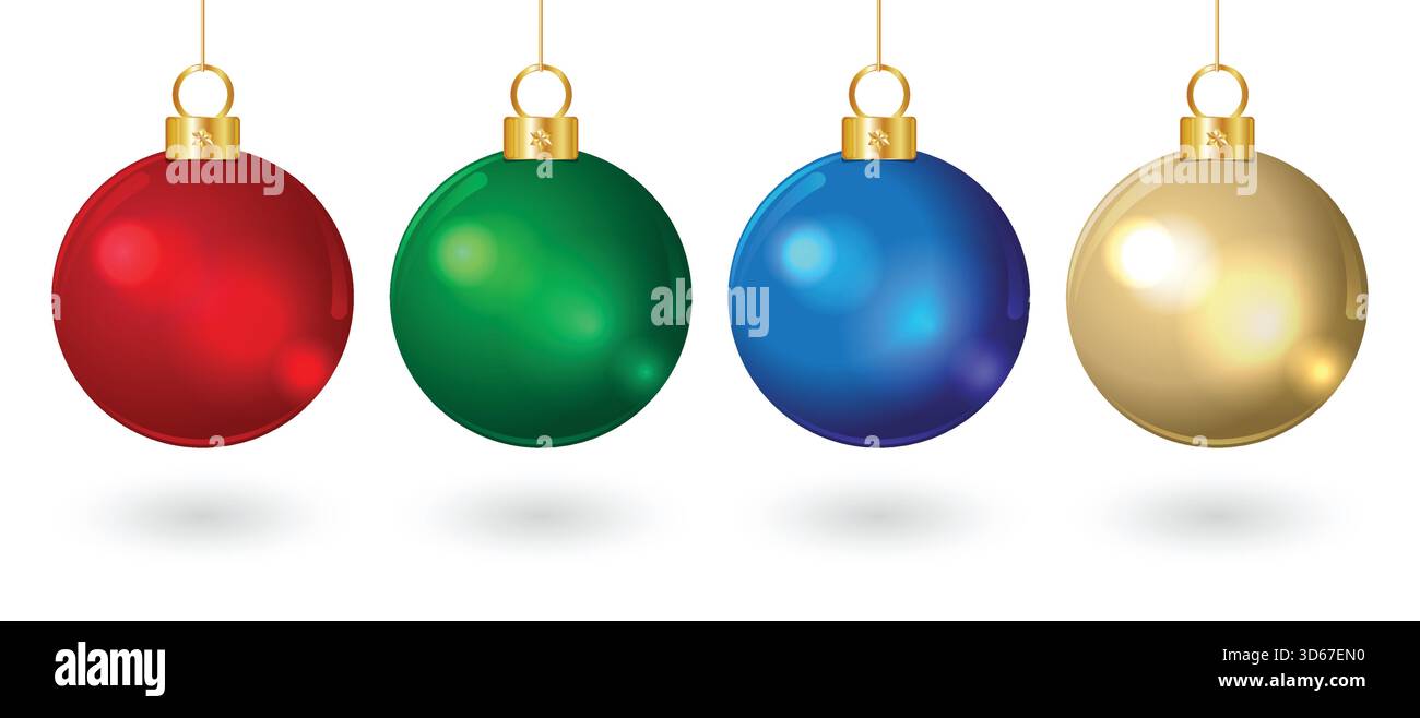 Bauble sull'albero di Natale ambientato nel realistico stile di vetro rosso verde blu e dorato Illustrazione Vettoriale