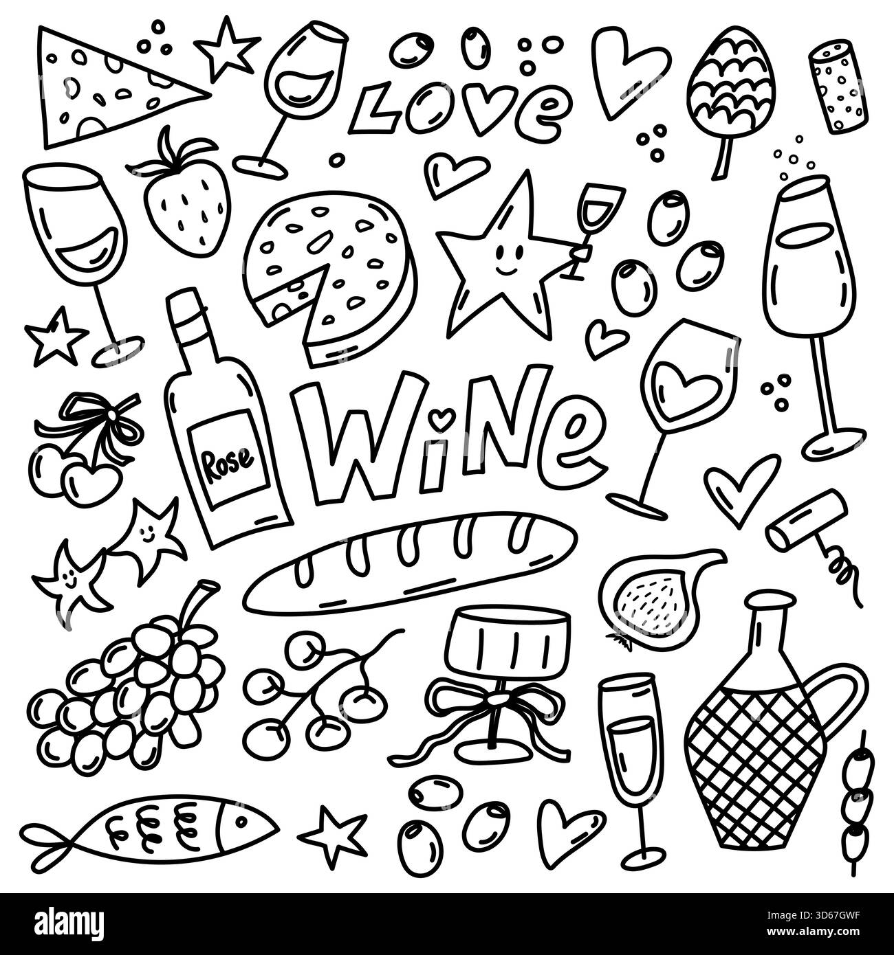 Degustazione di vini e spuntini, collezione di illustrazioni di cibo a base di scarabocchi Illustrazione Vettoriale