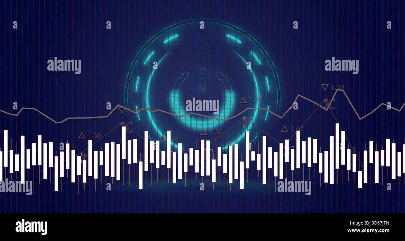 Icona di potenza ciano illuminante che emette alone sul cruscotto tecnico, visualizzando barre equalizzatrici e grafico a linee Foto Stock