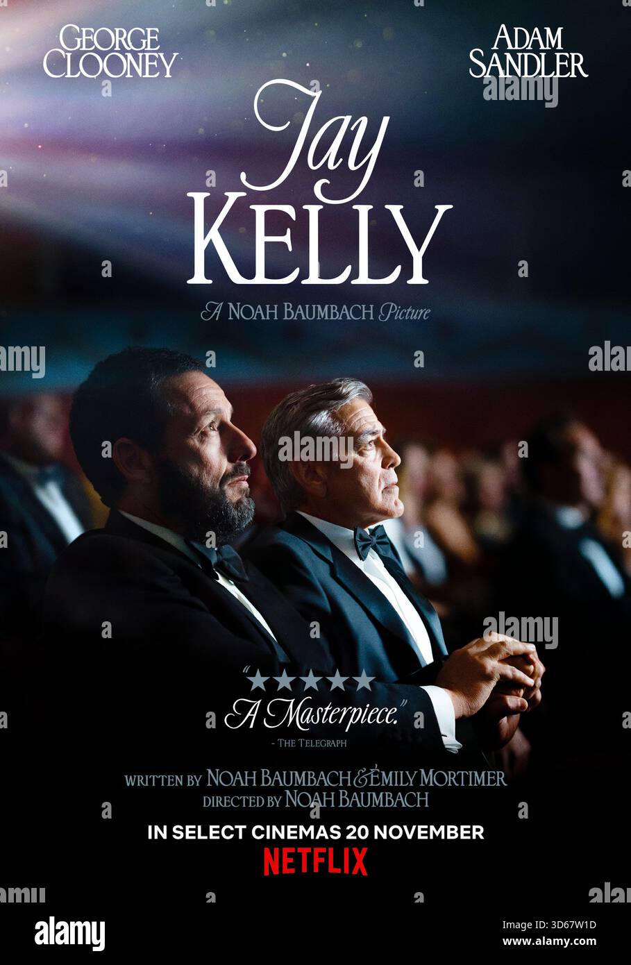 Jay Kelly (2025) diretto da Noah Baumbach e interpretato da George Clooney, Adam Sandler e Laura Dern. Un attore di fama mondiale e il suo devoto manager intraprendono un viaggio inaspettatamente profondo attraverso l'Europa, affrontando scelte difficili e i lasciti che lasceranno alle spalle. SOLO PER USO EDITORIALE di poster pubblicitari NEGLI STATI UNITI. Credito: BFA / Netflix Foto Stock