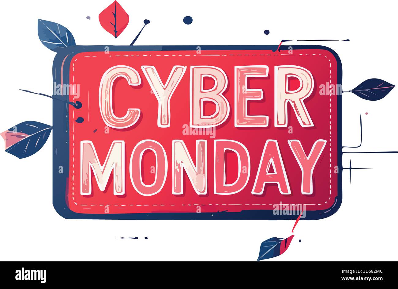 Banner del Cyber monday con tipografia creativa e dettagli delle foglie, che rappresentano vendite al dettaglio online, sconti e promozioni Illustrazione Vettoriale