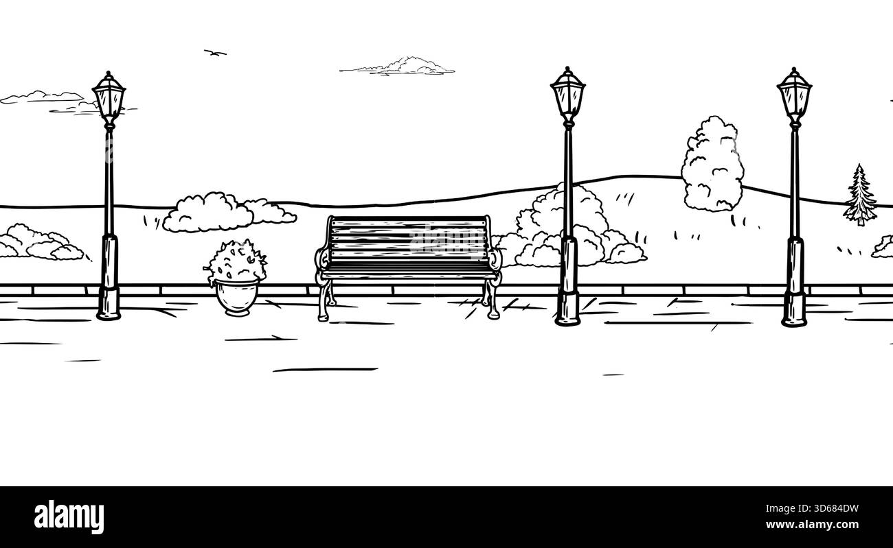 Una panchina e lanterne in un parco su un prato, schizzo. Disegno vettoriale. Cespugli nell'erba e sul marciapiede, marciapiede senza cuciture isolato su sfondo bianco Illustrazione Vettoriale