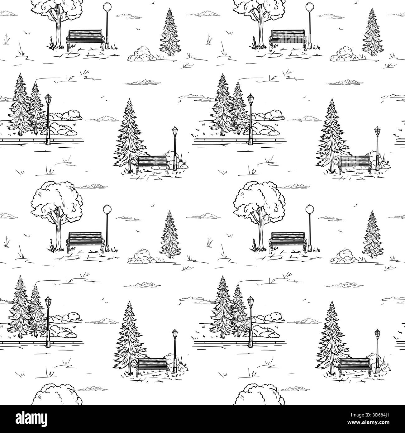 Panchina e lanterne nel parco, schizzo. Illustrazione vettoriale. Cespugli nell'erba e sul marciapiede, abeti, struttura senza cuciture isolata su un bianco Illustrazione Vettoriale