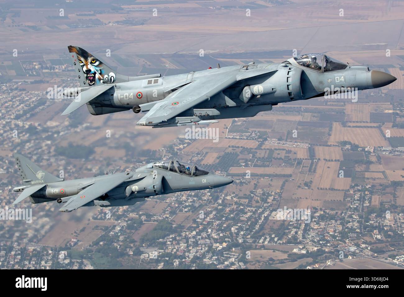 Marina militare AV-8B Harrier II, tra cui le rare varianti TAV-8B da addestramento biposto e monoposto, fotografò air-to-air vicino a Taranto, in Italia, in rotta verso la Athens Flying Week. La sortita catturò i jet d’attacco verticali/corti della Marina italiana al decollo e all’atterraggio in formazione sulla costa mediterranea. Foto Stock