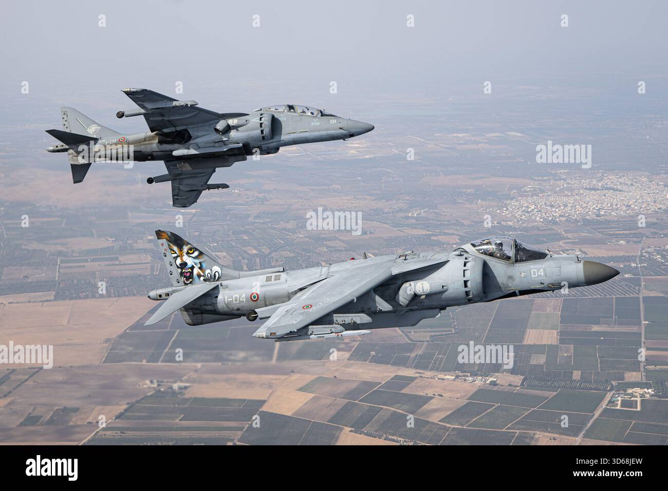 Marina militare AV-8B Harrier II, tra cui le rare varianti TAV-8B da addestramento biposto e monoposto, fotografò air-to-air vicino a Taranto, in Italia, in rotta verso la Athens Flying Week. La sortita catturò i jet d’attacco verticali/corti della Marina italiana al decollo e all’atterraggio in formazione sulla costa mediterranea. Foto Stock