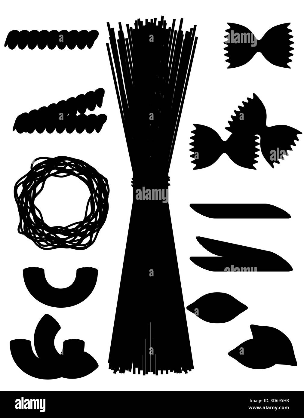 pasta diversa silhouette nera contorno cartoni animati illustrazione vettoriale isolata su sfondo bianco Foto Stock