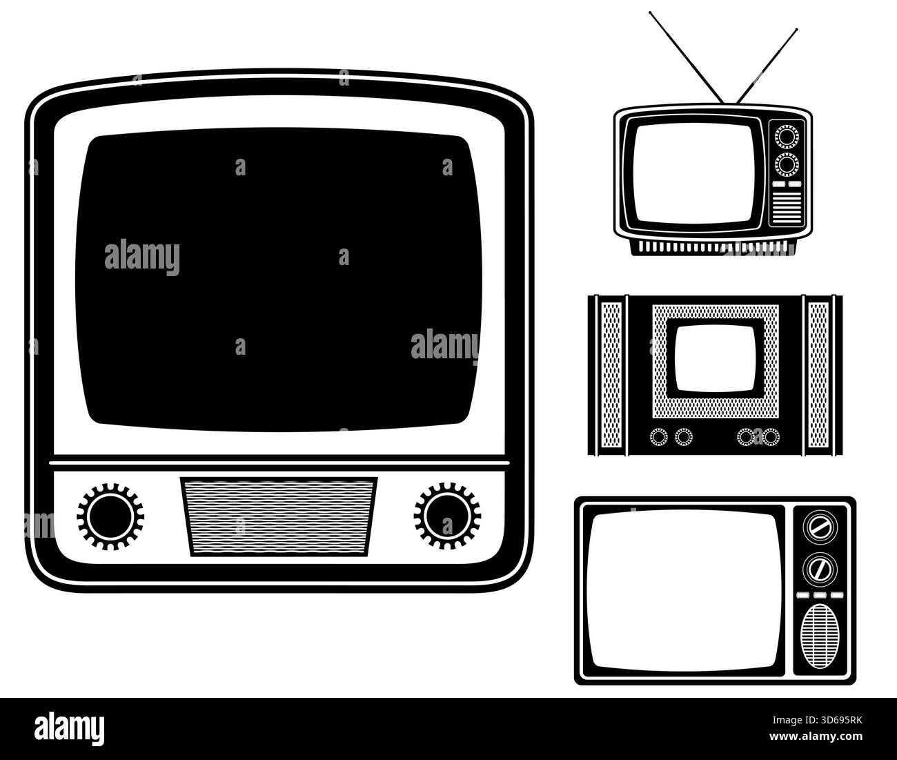 articoli tv icone vintage retro silhouette nera cartoni animati immagine vettoriale isolata su sfondo bianco Foto Stock