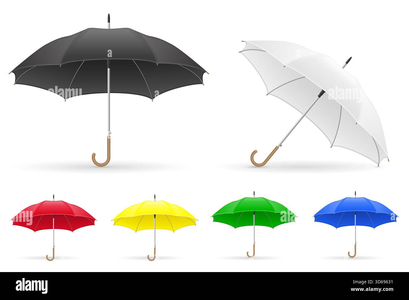 ombrelli dall'illustrazione vettoriale del cartoni animati sulla pioggia isolati su sfondo bianco Foto Stock