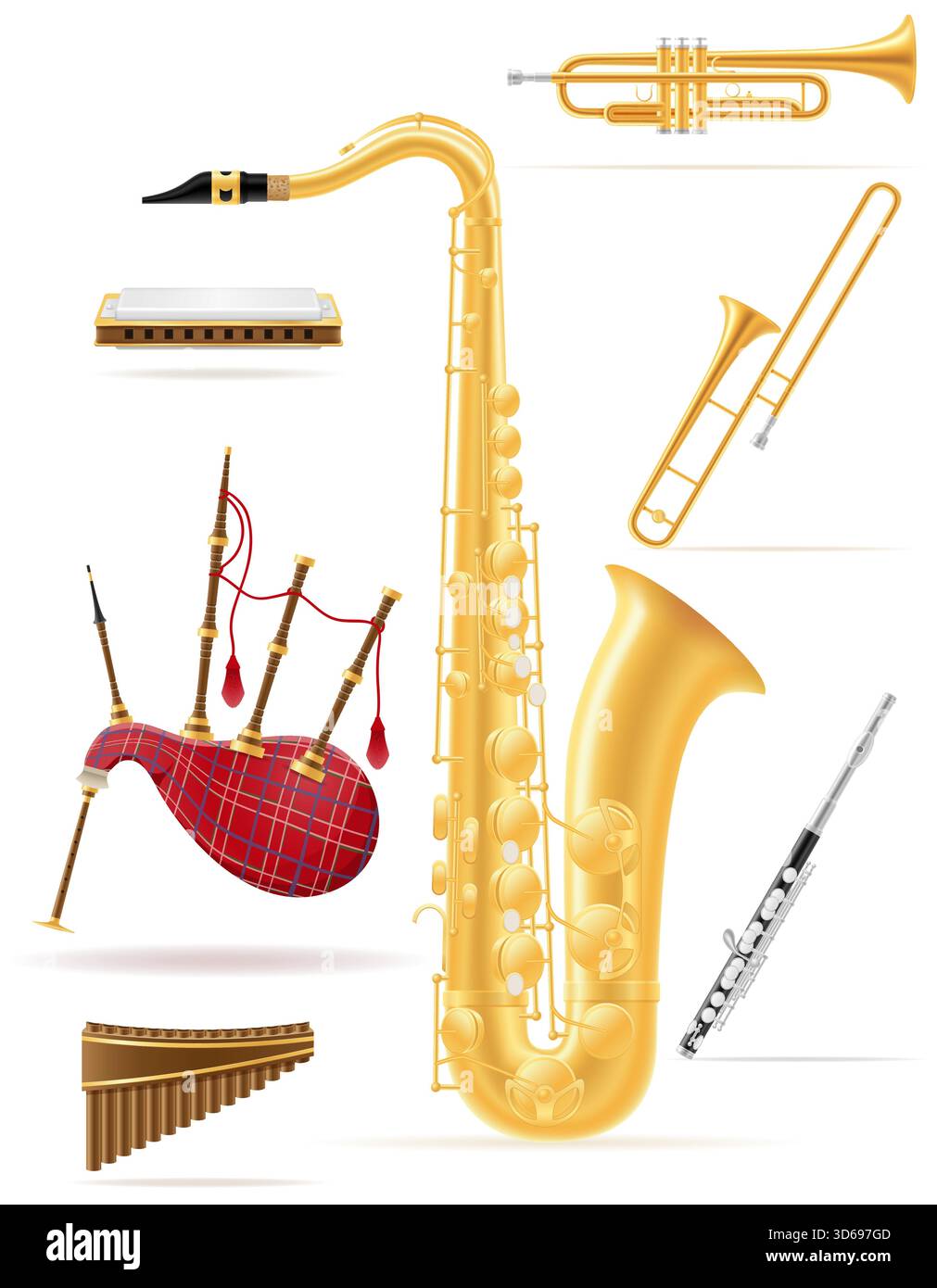 molti strumenti musicali a fiato diversi illustrazioni vettoriali di cartoni animati isolati su sfondo bianco Illustrazione Vettoriale