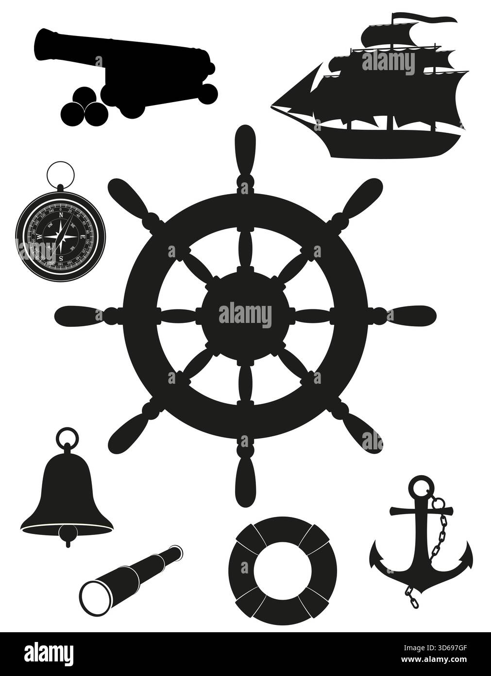 icone di oggetti d'antiquariato nautico marino silhouette nera cartoni animati illustrazione vettoriale isolata su sfondo bianco Illustrazione Vettoriale