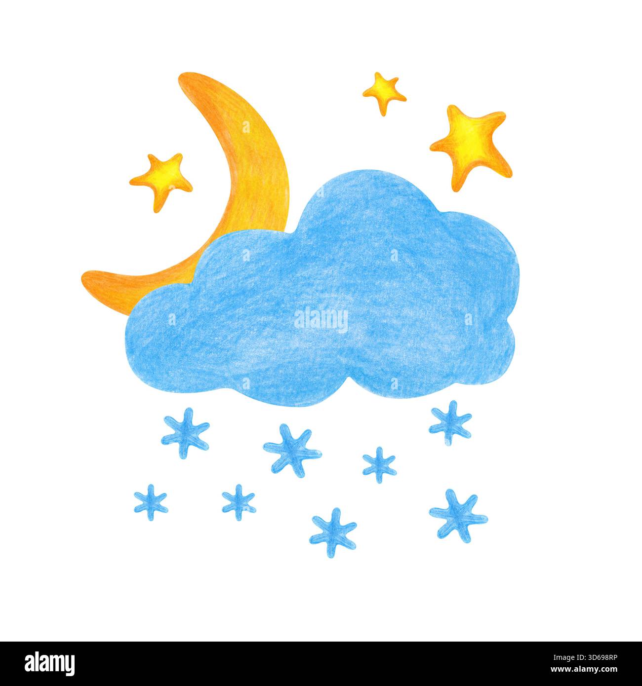 Una luna crescente e stelle dorate che sbucano da una nuvola di neve. Disegno con matite colorate su sfondo bianco. Isolato. Foto Stock